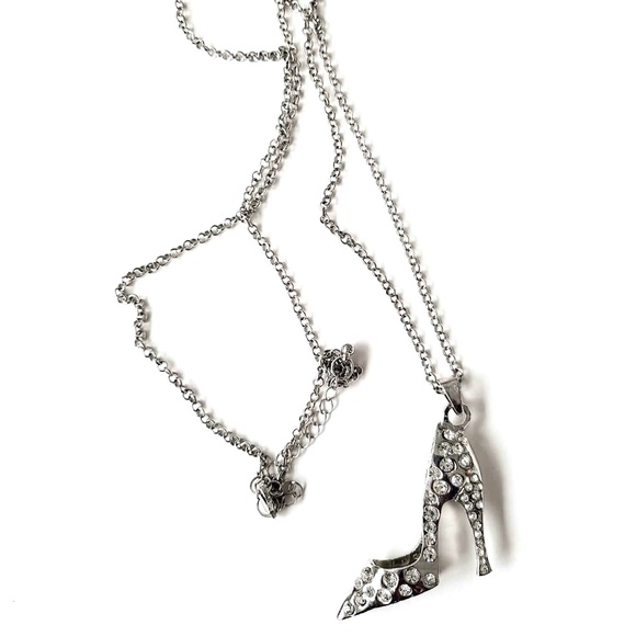 💗Vintage Silver Rhinestone Covered High Heel Shoe Heavy Pendant Chain Necklace - Picture 4 of 6